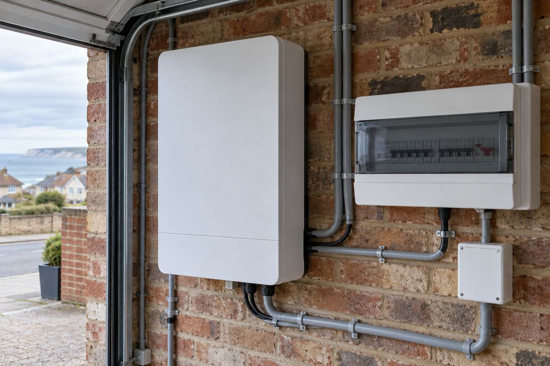 White wall-mounted home battery beside a consumer unit with neat grey conduit on a brick garage wall