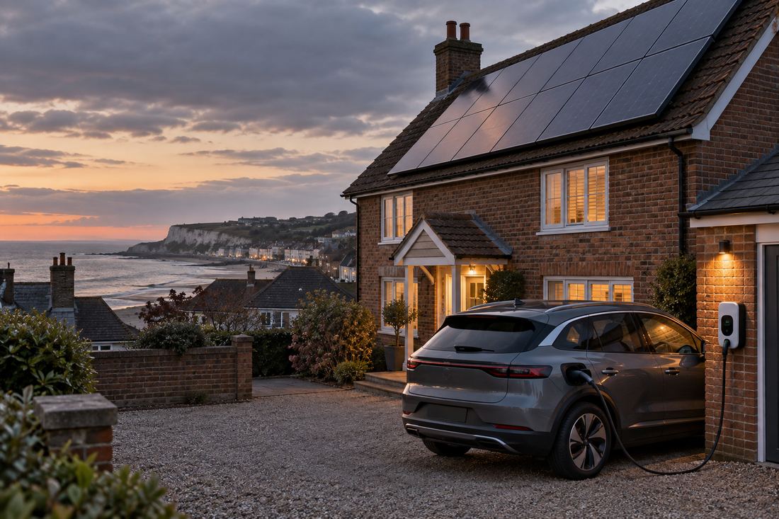 Electric car charging on the drive of a brick Kent house at dusk with solar panels on the roof and a sea view