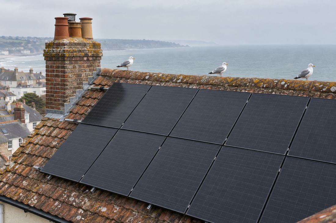 Close view of black solar panels on mounting rails on an old clay-tiled roof with a chimney stack, gulls on the ridge and the grey sea beyond