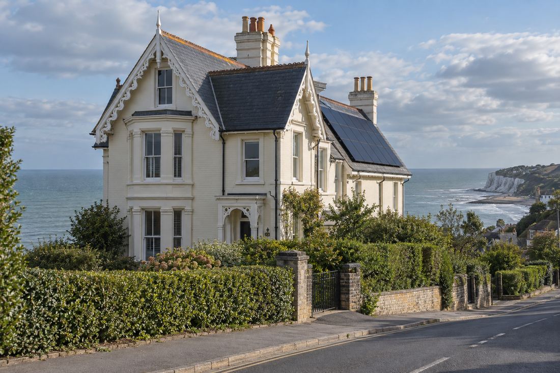 Large cream Victorian villa with steep slate roof and decorative bargeboards on a Kent clifftop road with solar panels on a side roof slope and the sea behind